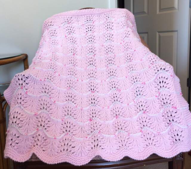 New Handmade Pink Knit Crochet Baby Afghan Blanket Throw Newborn Infant Wave Trim - image 1
