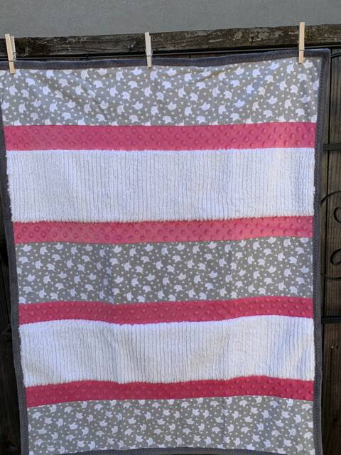 Handmade Modern Baby Minky Blanket Gray, Pink & White Dancing Elephants - image 1