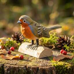 Hand-Carved Wooden Robin Figurine, Rustic Bird Decor On Log Base, Whimsical Nature Lover Gift, Woodland Animal Art, Desk