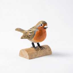 Hand-Carved Wooden Robin Figurine, Rustic Bird Decor On Log Base, Whimsical Nature Lover Gift, Woodland Animal Art, Desk - thumbnail 2
