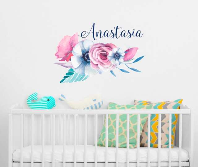 Personalized Girls Name Vinyl Wall Decals/ Flower Decal/ Floral Stickers/ Nursery Decor/ Kids Room Crib Decor Ba6 - image 1
