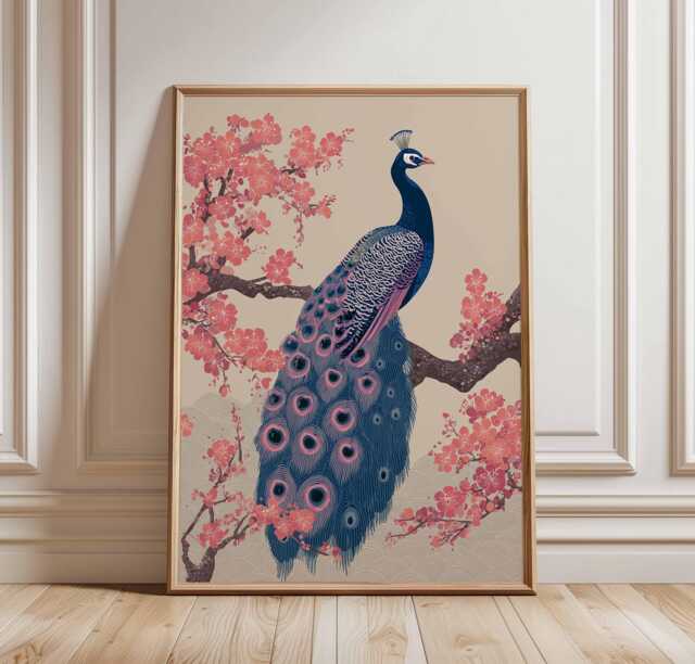 Elegant Peacock & Cherry Blossom Poster - Japanese Inspired Bird Wall Art, Vibrant Oriental Nature Print, Statement Decor