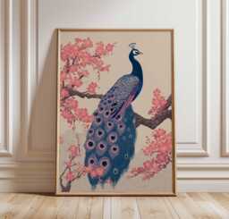 Elegant Peacock & Cherry Blossom Poster - Japanese Inspired Bird Wall Art, Vibrant Oriental Nature Print, Statement Decor - thumbnail 1