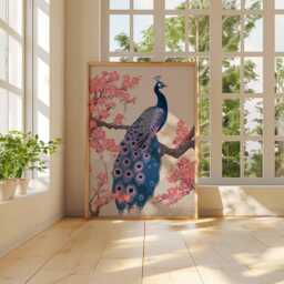 Elegant Peacock & Cherry Blossom Poster - Japanese Inspired Bird Wall Art, Vibrant Oriental Nature Print, Statement Decor - thumbnail 2