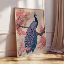 Elegant Peacock & Cherry Blossom Poster - Japanese Inspired Bird Wall Art, Vibrant Oriental Nature Print, Statement Decor - thumbnail 3