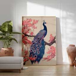 Elegant Peacock & Cherry Blossom Poster - Japanese Inspired Bird Wall Art, Vibrant Oriental Nature Print, Statement Decor - thumbnail 4