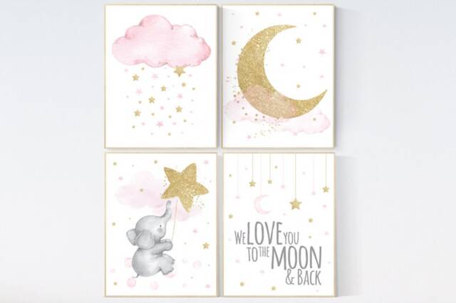 Elephant Nursery Decor Pink & Gold Moon, Stars Art Print - image 1