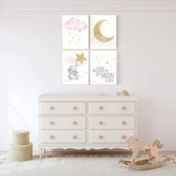 Elephant Nursery Decor Pink & Gold Moon, Stars Art Print - thumbnail 2