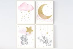 Elephant Nursery Decor Pink & Gold Moon, Stars Art Print - thumbnail 1
