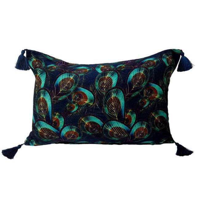 Luxury Blue Peacock Feather Velvet Cushion, Teal Tassel Pillow - image 1