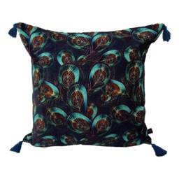 Luxury Blue Peacock Feather Velvet Cushion, Teal Tassel Pillow - thumbnail 3