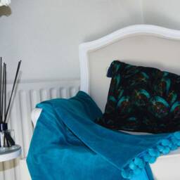 Luxury Blue Peacock Feather Velvet Cushion, Teal Tassel Pillow - thumbnail 2