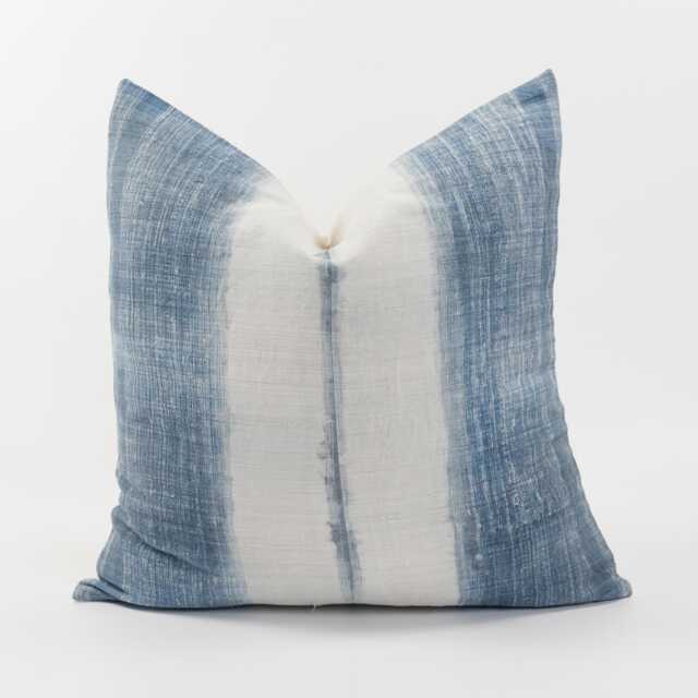 Vintage Indigo Hemp Pillow Cover, Striped Hmong Fabric, Boho Farmhouse Cushion - 20x20 - image 1