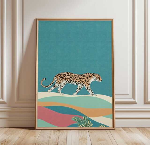 Leopard Desert Poster, Teal Animal Wall Art Print - image 1
