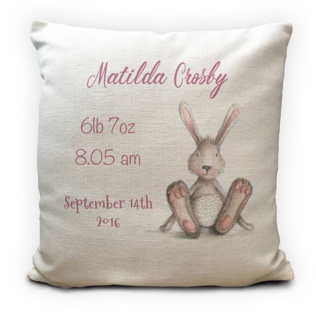Personalised New Baby Gift Cushion Cover - Birthday Girl, Boy Christening With Birth Date Details Bunny Rabbit 40cm 16 Inch - image 1