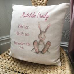 Personalised New Baby Gift Cushion Cover - Birthday Girl, Boy Christening With Birth Date Details Bunny Rabbit 40cm 16 Inch - thumbnail 2