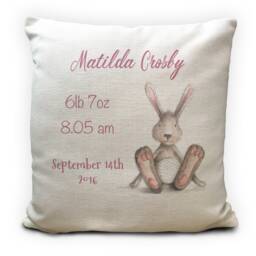 Personalised New Baby Gift Cushion Cover - Birthday Girl, Boy Christening With Birth Date Details Bunny Rabbit 40cm 16 Inch - thumbnail 1