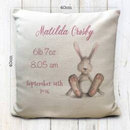 Personalised New Baby Gift Cushion Cover - Birthday Girl, Boy Christening With Birth Date Details Bunny Rabbit 40cm 16 Inch - thumbnail 3