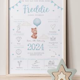 On The Day You Were Born Personalised Bear Baby Keepsake Print - New Boy Girl Unisex Gift Birth Details Blue, Pink, Grey - thumbnail 2