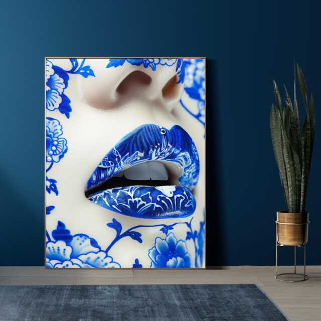 Blue Chinoiserie Lips Print - Bold Oriental-Inspired Wall Art Modern Floral Porcelain Aesthetic Maximalist Statement Artwork - image 1