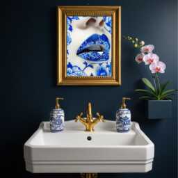 Blue Chinoiserie Lips Print - Bold Oriental-Inspired Wall Art Modern Floral Porcelain Aesthetic Maximalist Statement Artwork - thumbnail 3