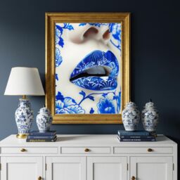 Blue Chinoiserie Lips Print - Bold Oriental-Inspired Wall Art Modern Floral Porcelain Aesthetic Maximalist Statement Artwork - thumbnail 2