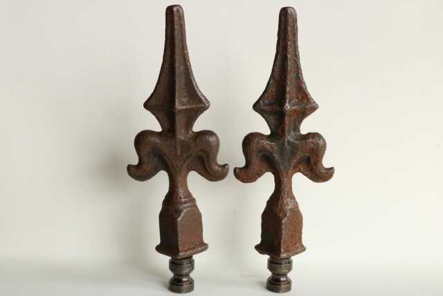 Iron Fleur De Lis Lamp Finials On Distressed Bronze Tone Hardware - A Matching Pair - image 1