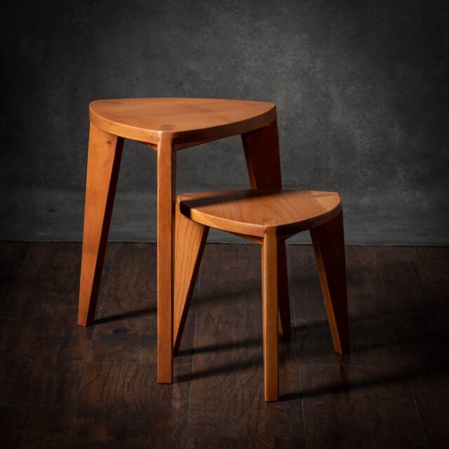 Set Of 2 Cherry Wood Three-Legged Stools - Handmade Side Tables/Nightstands Artisan Design - image 1