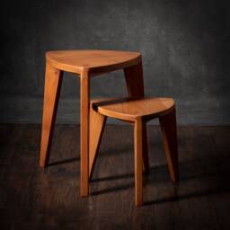 Set Of 2 Cherry Wood Three-Legged Stools - Handmade Side Tables/Nightstands Artisan Design