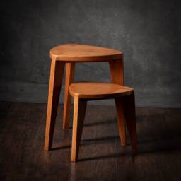 Set Of 2 Cherry Wood Three-Legged Stools - Handmade Side Tables/Nightstands Artisan Design - thumbnail 3