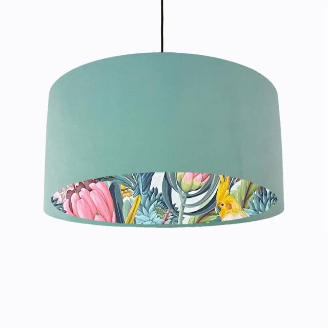 Light Mint Velvet Lampshade With Blush Parrot Lining, Large Ceiling Lightshade - image 1