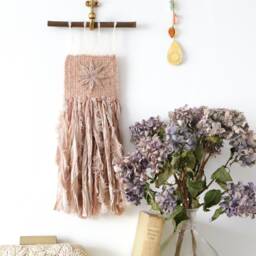 Blush Pink Woven Wall Hanging Sari Silk & Rose Gold Decor - thumbnail 1