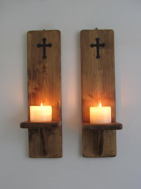 Pair Of Church Gothic Style Wall Sconce Led Candle Holders With Black Metal Cross/Crucifix Decoration , Various Sizes Available - image 1
