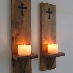 Pair Of Church Gothic Style Wall Sconce Led Candle Holders With Black Metal Cross/Crucifix Decoration , Various Sizes Available - thumbnail 2