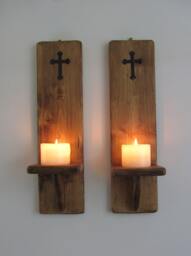 Pair Of Church Gothic Style Wall Sconce Led Candle Holders With Black Metal Cross/Crucifix Decoration , Various Sizes Available