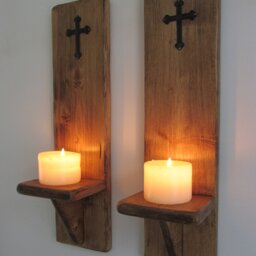Pair Of Church Gothic Style Wall Sconce Led Candle Holders With Black Metal Cross/Crucifix Decoration , Various Sizes Available - thumbnail 3