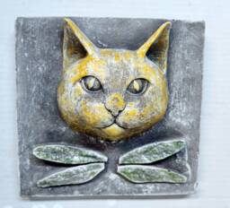 Cat with Dragonfly, 8 In.(20cm, Plaque, Wall Decor, Art, Face, Sculpture, Animal Stone , Avtechstonegallery - thumbnail 1