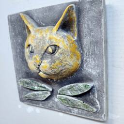 Cat with Dragonfly, 8 In.(20cm, Plaque, Wall Decor, Art, Face, Sculpture, Animal Stone , Avtechstonegallery - thumbnail 3