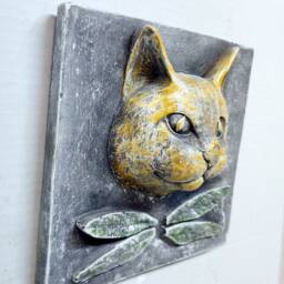Cat with Dragonfly, 8 In.(20cm, Plaque, Wall Decor, Art, Face, Sculpture, Animal Stone , Avtechstonegallery - thumbnail 2