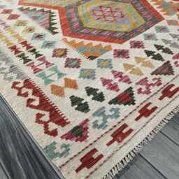Handwoven Natural Wool Kilim Rug, Artisan Tribal Geometric Flatweave, Afghan Turkish Persian Navajo Bohemian Design, 300x207 cm - thumbnail 4