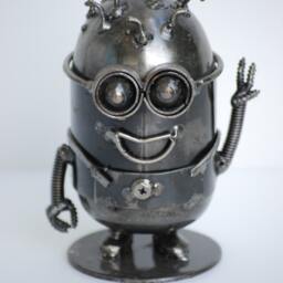 Handmade Metal Mini Robot Sculpture, Recycled Steel Art Figure, Funny Valentine Gift, Holiday Ornament - thumbnail 2