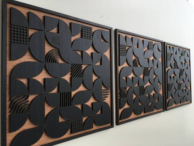 Geometric Abstract Wood Wall Art - Modern Minimal Charcoal Black Brown Collection - Set Of 3(Set 2 - Single Piece - image 1