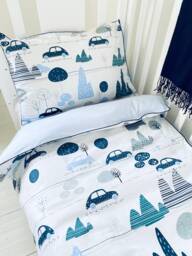 Baby Boy Cot Reversible Bedding Duvet Cover Set , Cars Mountain & Little Stars, Grey My First Journey Pure Cotton - thumbnail 1