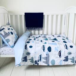 Baby Boy Cot Reversible Bedding Duvet Cover Set , Cars Mountain & Little Stars, Grey My First Journey Pure Cotton - thumbnail 3