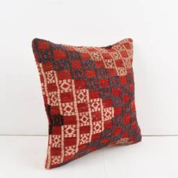 Vintage Turkish Kilim Pillow Cover Handwoven Wool Cushion - 16x16 - thumbnail 2
