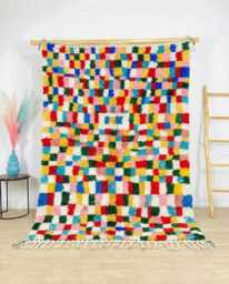 Moroccan Multicolor Berber Rug, Boho Nursery Handwoven Checkered Wool Shag Authentic Beni Ourain Carpet, Large Area Rug - thumbnail 1