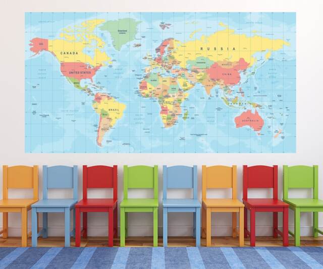 World Map Wall Art Decal Poster Kids Playroom Classroom Nursery Educational Vinyl Decor