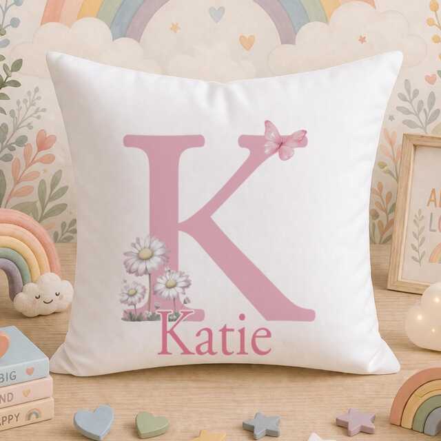 Personalised Initial Cushion Cover, Pink Floral Letter Custom Name