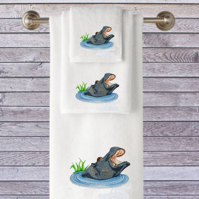 Personalized Embroidered Cotton Towel, Hippo Animal Design