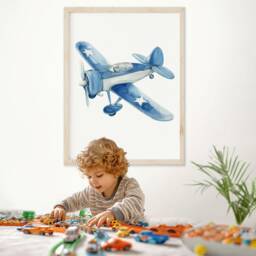Blue Airplane Print Kids Room Aviation Wall Art - thumbnail 2